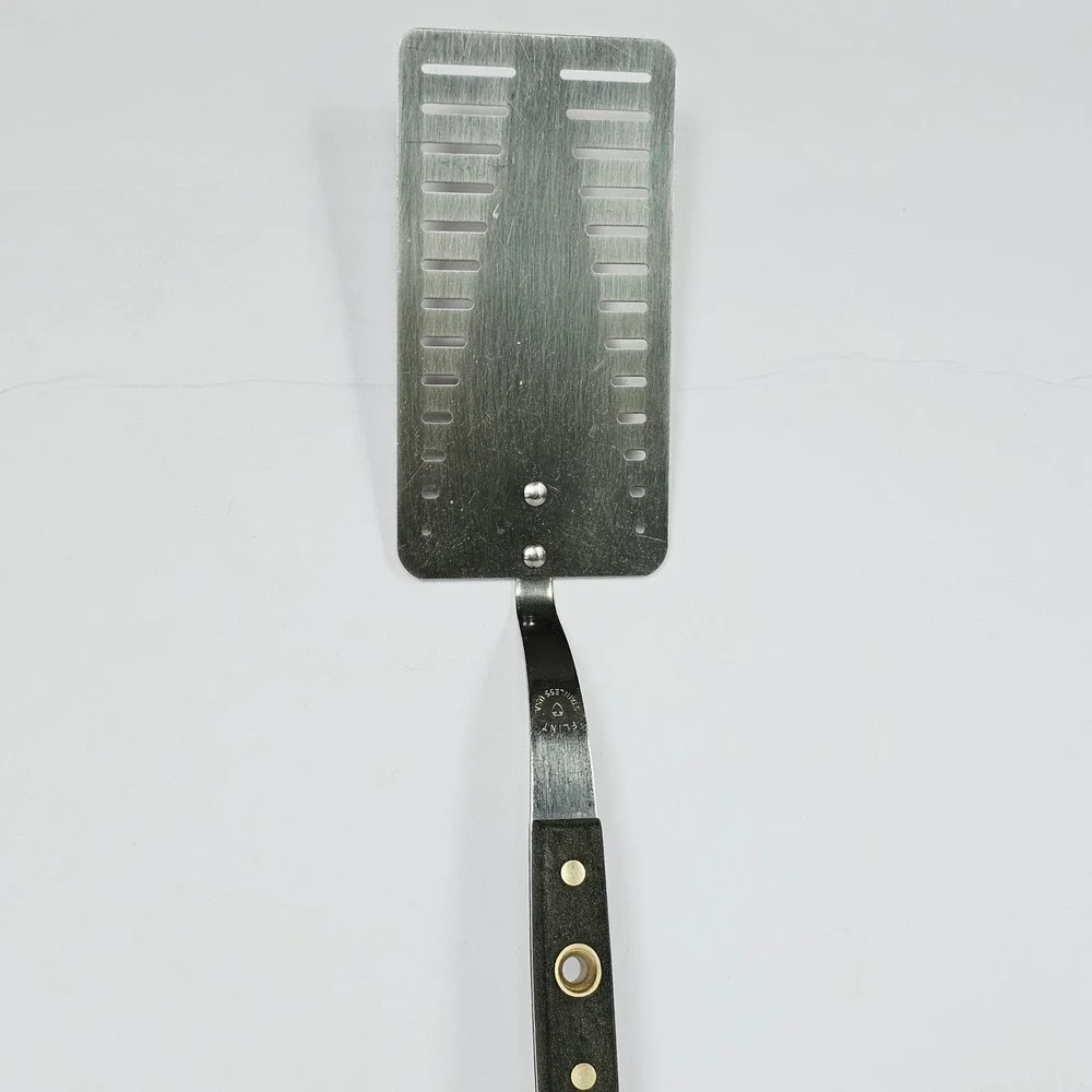 Vintage Flint Stainless Steel Slotted Spatula Dark Handle Made in USA Turner